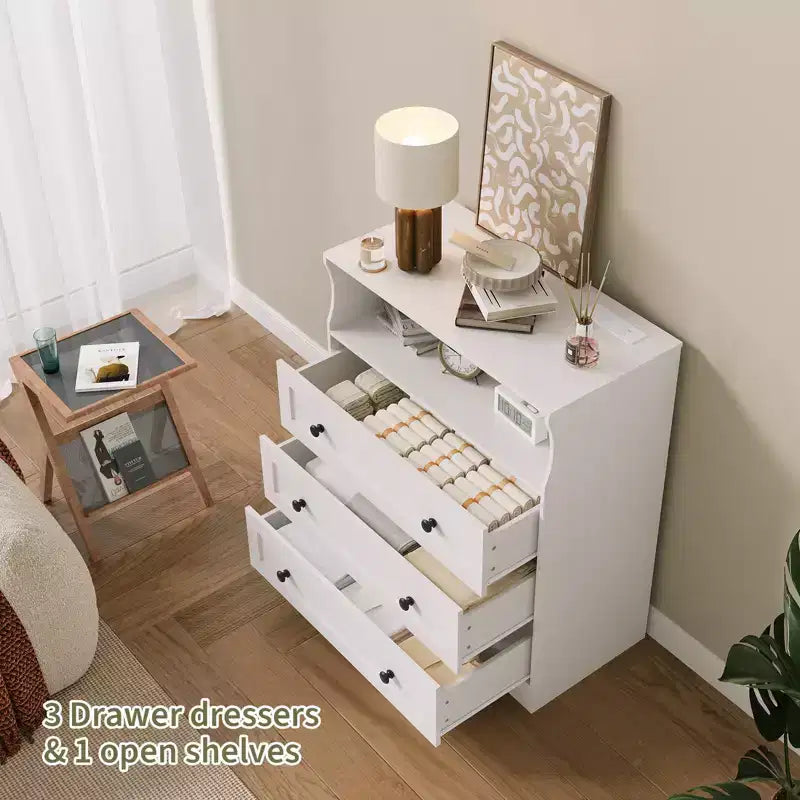 3-Drawer Narrow Dresser with Charging Station and Adjustable Lighting, Modular Wooden Chest