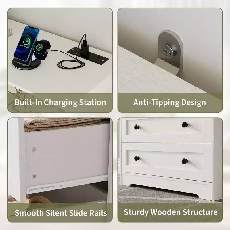 3-Drawer Narrow Dresser with Charging Station and Adjustable Lighting, Modular Wooden Chest
