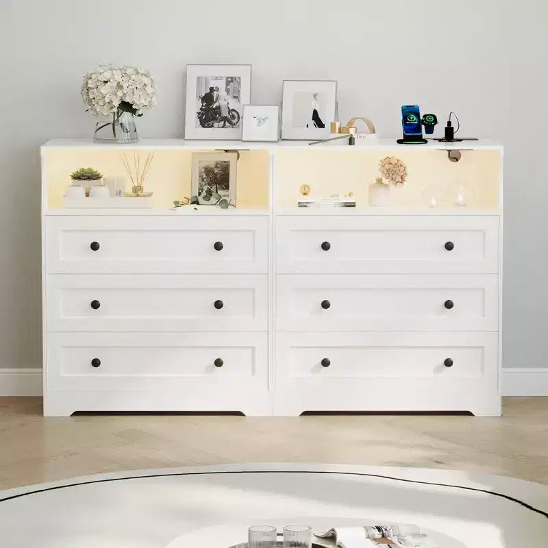 3-Drawer Narrow Dresser with Charging Station and Adjustable Lighting, Modular Wooden Chest