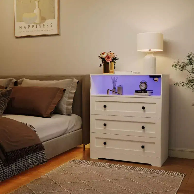 3-Drawer Narrow Dresser with Charging Station and Adjustable Lighting, Modular Wooden Chest