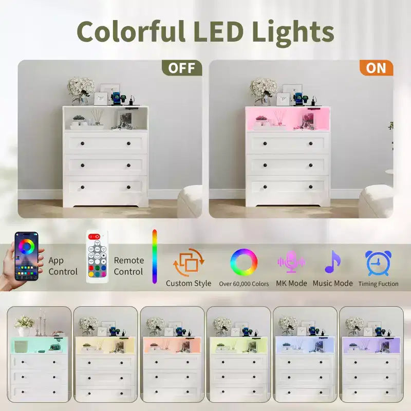 3-Drawer Narrow Dresser with Charging Station and Adjustable Lighting, Modular Wooden Chest