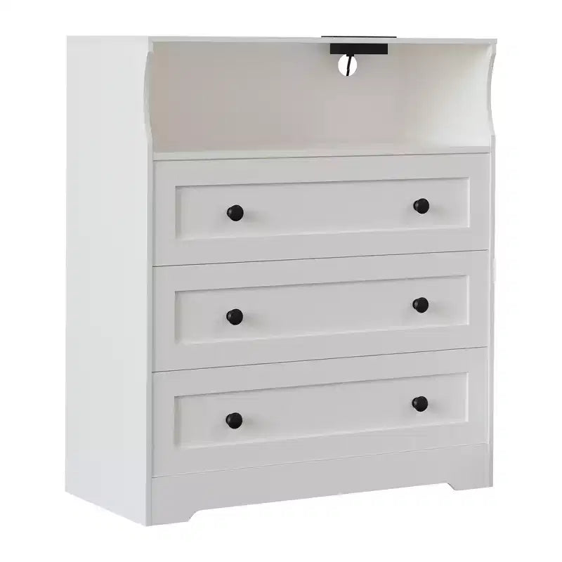 3-Drawer Narrow Dresser with Charging Station and Adjustable Lighting, Modular Wooden Chest