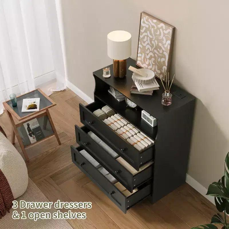 3-Drawer Narrow Dresser with Charging Station and Adjustable Lighting, Modular Wooden Chest