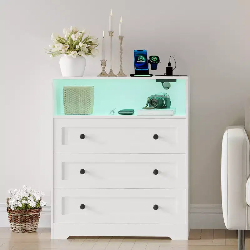 3-Drawer Narrow Dresser with Charging Station and Adjustable Lighting, Modular Wooden Chest