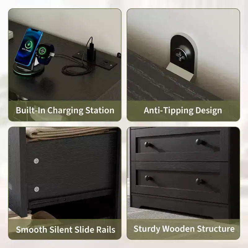 3-Drawer Narrow Dresser with Charging Station and Adjustable Lighting, Modular Wooden Chest