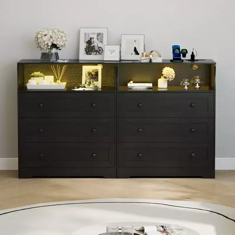 3-Drawer Narrow Dresser with Charging Station and Adjustable Lighting, Modular Wooden Chest