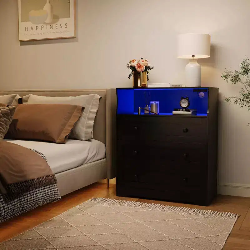 3-Drawer Narrow Dresser with Charging Station and Adjustable Lighting, Modular Wooden Chest