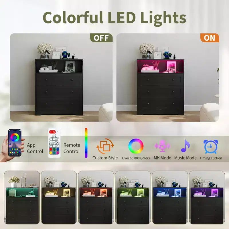 3-Drawer Narrow Dresser with Charging Station and Adjustable Lighting, Modular Wooden Chest
