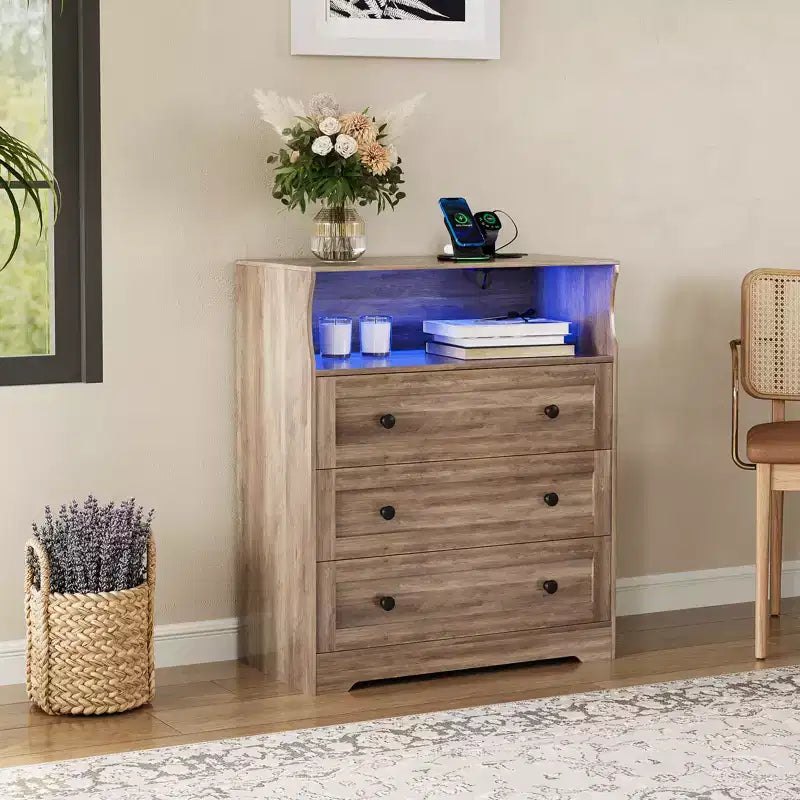 3-Drawer Narrow Dresser with Charging Station and Adjustable Lighting, Modular Wooden Chest