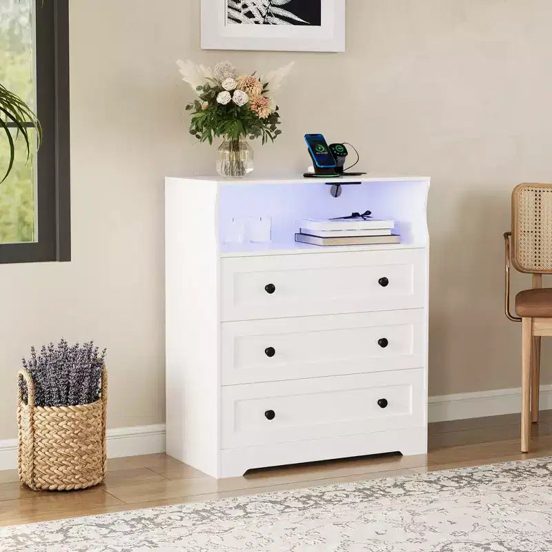 3-Drawer Narrow Dresser with Charging Station and Adjustable Lighting, Modular Wooden Chest