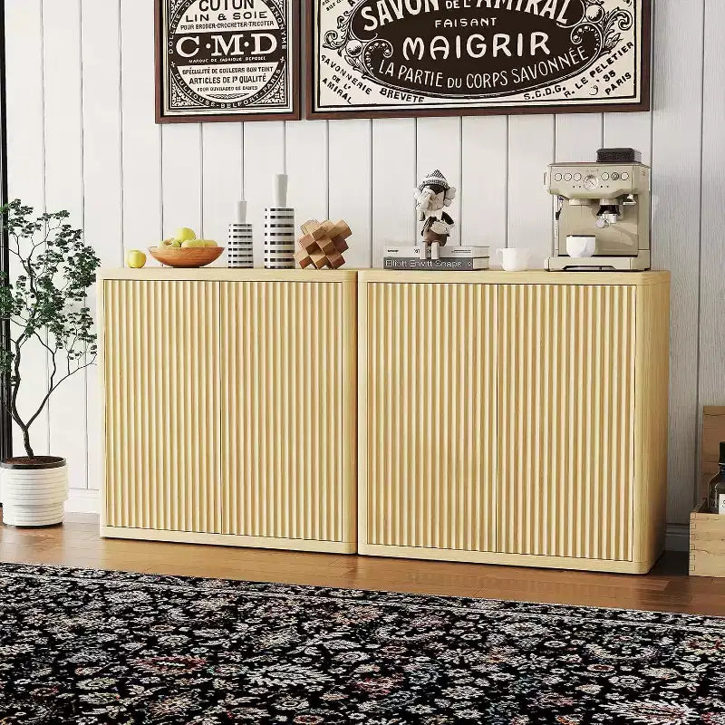 Fluted Sideboard Buffet Cabinet with Adjustable Shelves, 34.6-Inch Wide Wooden Credenza
