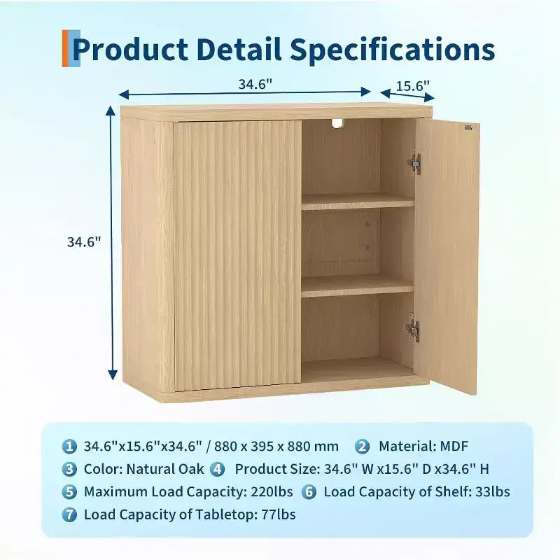 Fluted Sideboard Buffet Cabinet with Adjustable Shelves, 34.6-Inch Wide Wooden Credenza