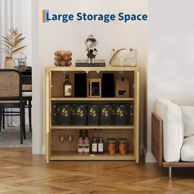 Fluted Sideboard Buffet Cabinet with Adjustable Shelves, 34.6-Inch Wide Wooden Credenza