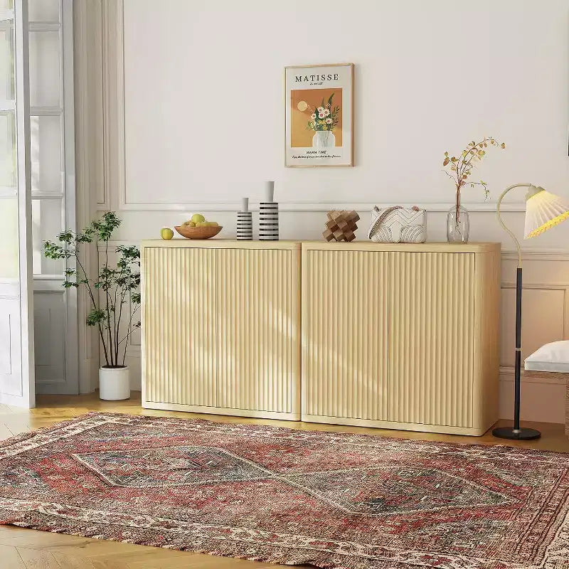 Fluted Sideboard Buffet Cabinet with Adjustable Shelves, 34.6-Inch Wide Wooden Credenza