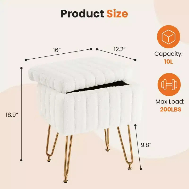 Faux Fur Vanity Stool with Hidden Storage Compartment and Adjustable Metal Legs