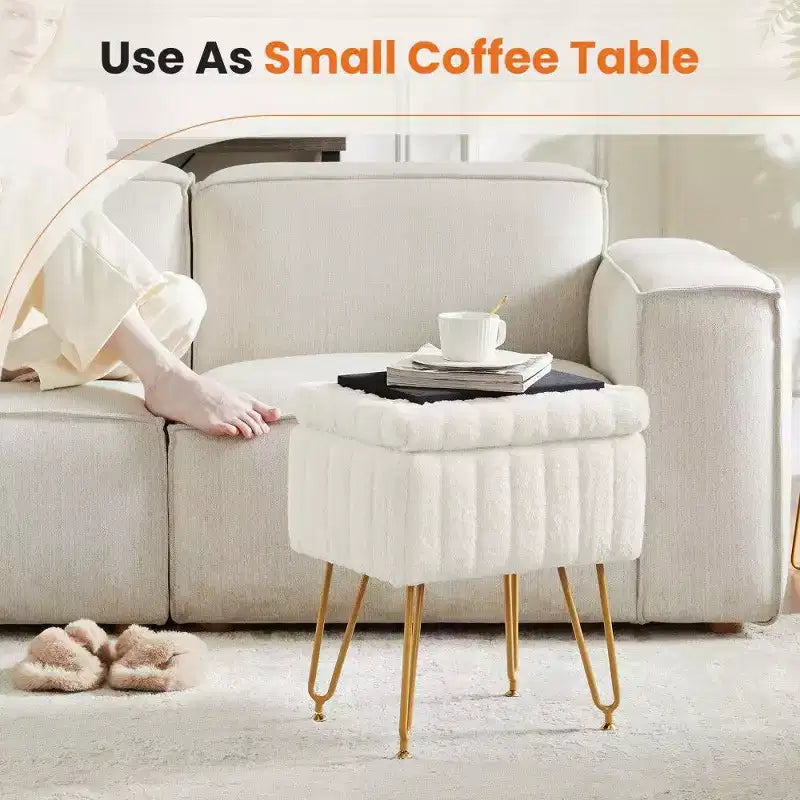 Faux Fur Vanity Stool with Hidden Storage Compartment and Adjustable Metal Legs