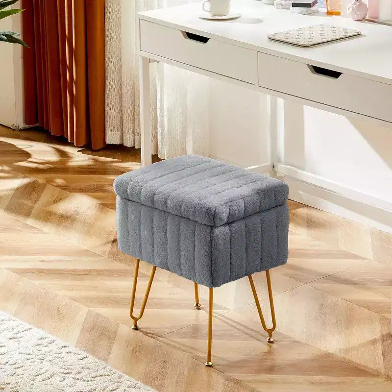Faux Fur Vanity Stool with Hidden Storage Compartment and Adjustable Metal Legs