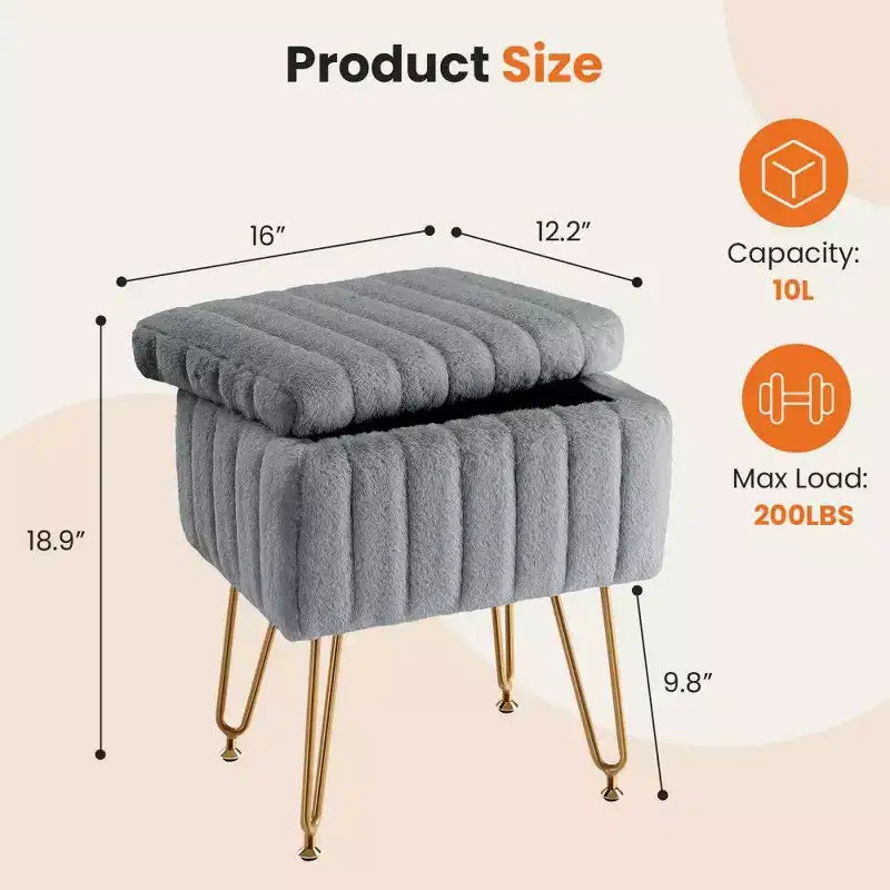 Faux Fur Vanity Stool with Hidden Storage Compartment and Adjustable Metal Legs