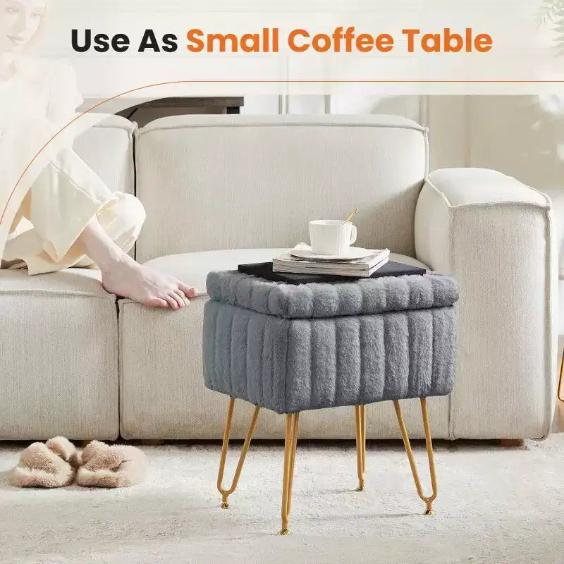 Faux Fur Vanity Stool with Hidden Storage Compartment and Adjustable Metal Legs