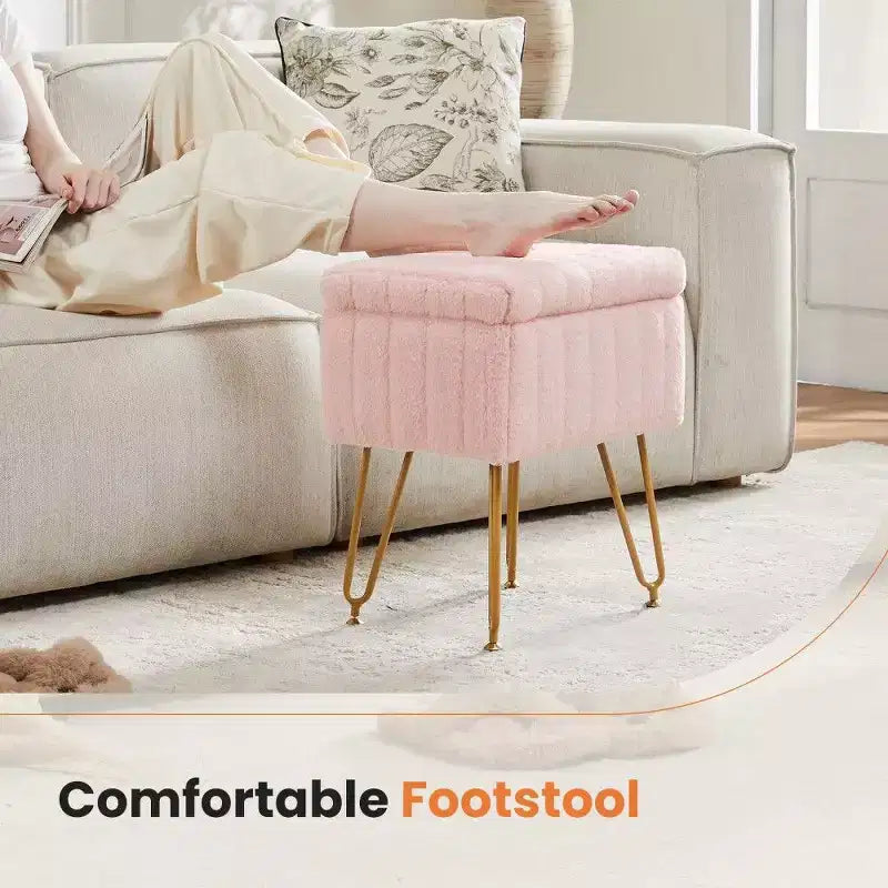 Faux Fur Vanity Stool with Hidden Storage Compartment and Adjustable Metal Legs