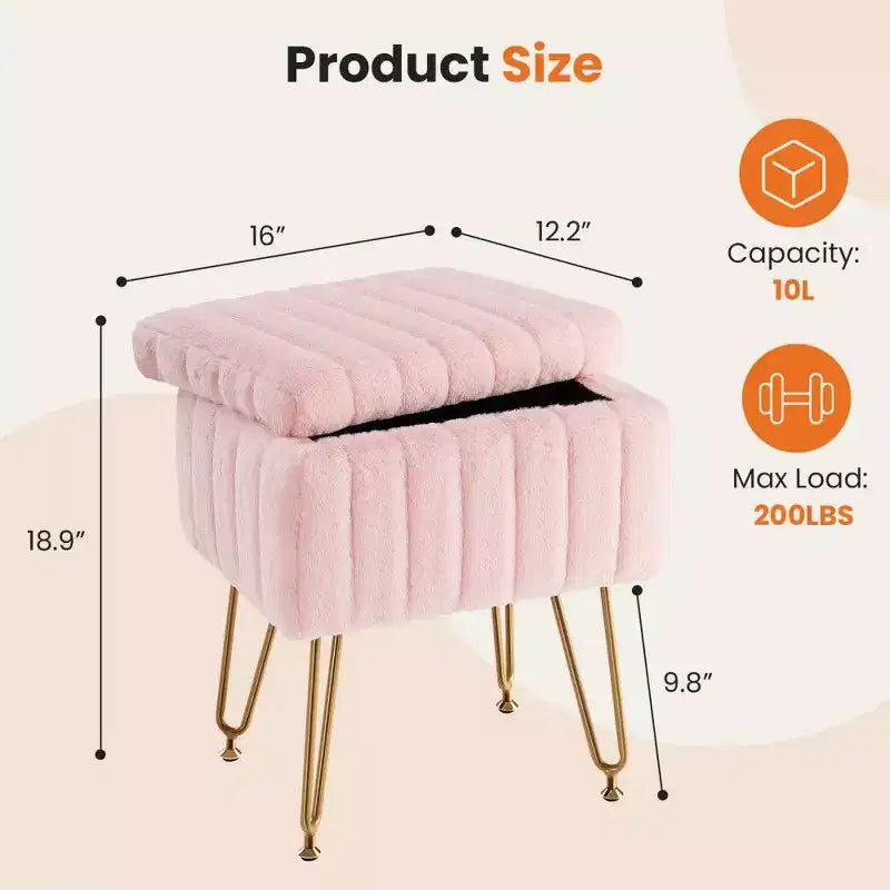 Faux Fur Vanity Stool with Hidden Storage Compartment and Adjustable Metal Legs