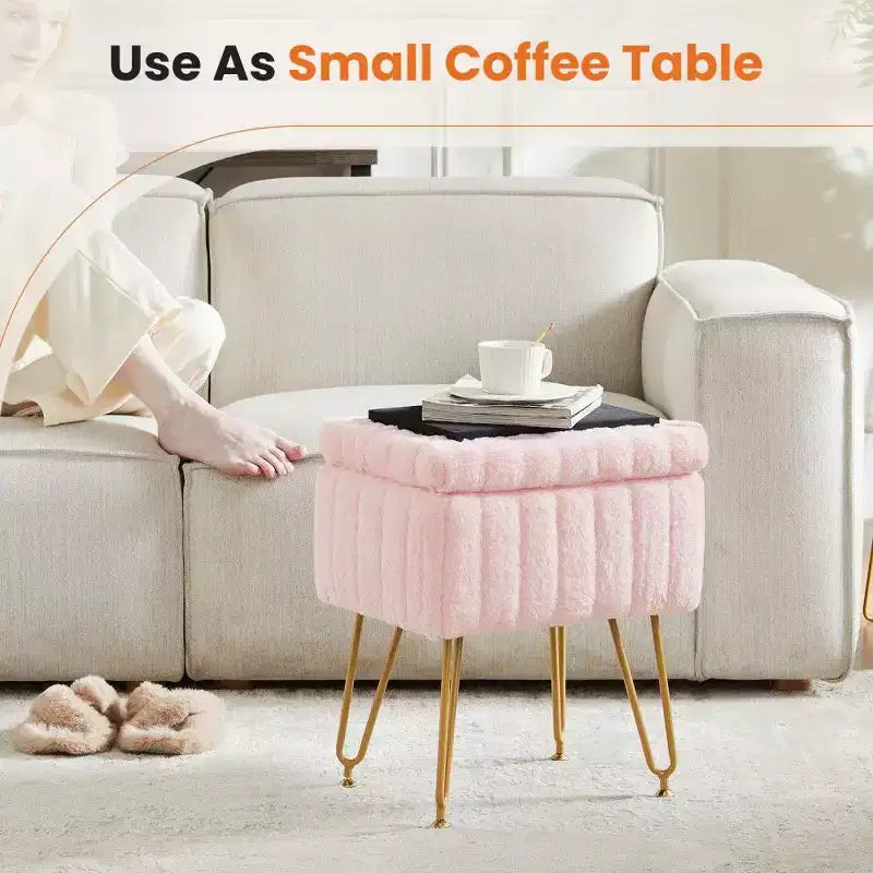 Faux Fur Vanity Stool with Hidden Storage Compartment and Adjustable Metal Legs