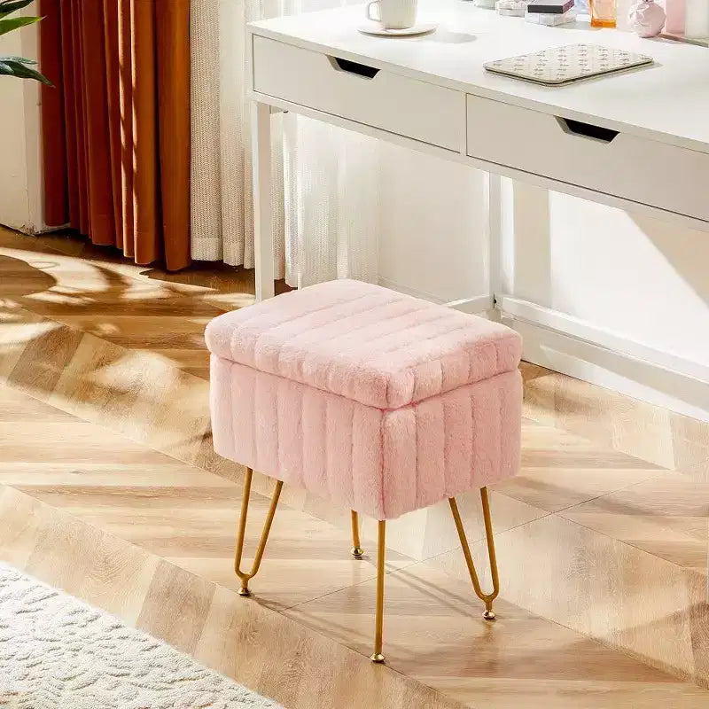 Faux Fur Vanity Stool with Hidden Storage Compartment and Adjustable Metal Legs