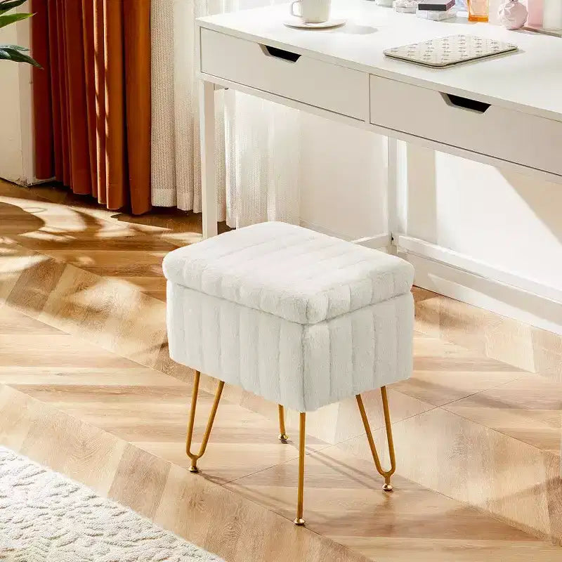 Faux Fur Vanity Stool with Hidden Storage Compartment and Adjustable Metal Legs