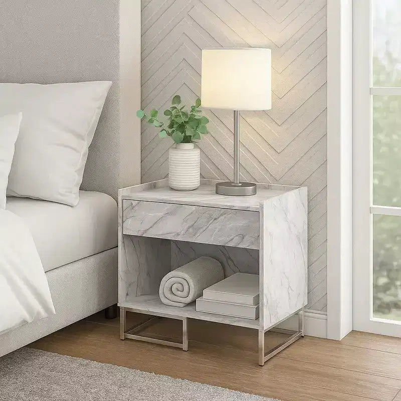 Faux Marble Accent Table with Chrome Finish, Storage Drawer and Open Compartment, White
