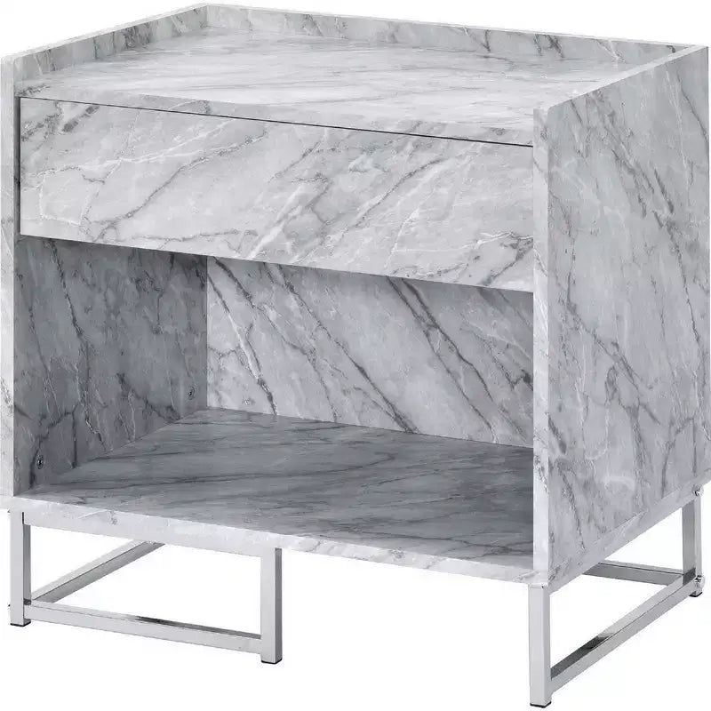 Faux Marble Accent Table with Chrome Finish, Storage Drawer and Open Compartment, White