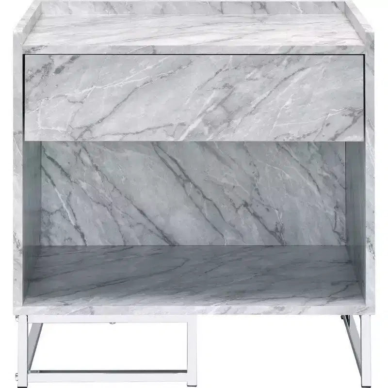 Faux Marble Accent Table with Chrome Finish, Storage Drawer and Open Compartment, White