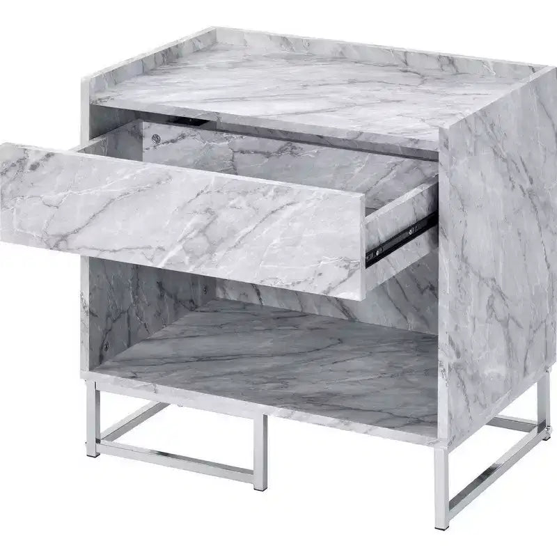 Faux Marble Accent Table with Chrome Finish, Storage Drawer and Open Compartment, White