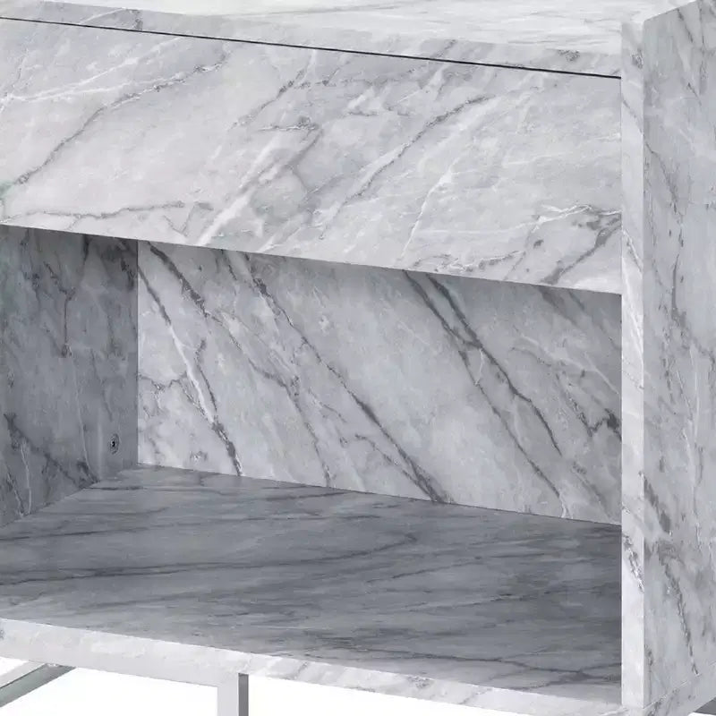 Faux Marble Accent Table with Chrome Finish, Storage Drawer and Open Compartment, White