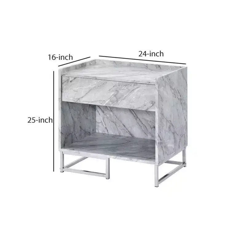 Faux Marble Accent Table with Chrome Finish, Storage Drawer and Open Compartment, White