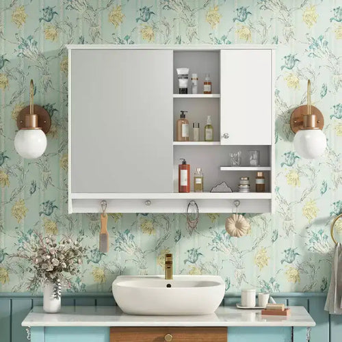 36-Inch Wall Mounted Bathroom Medicine Cabinet with Mirror Door and Adjustable Shelf, White