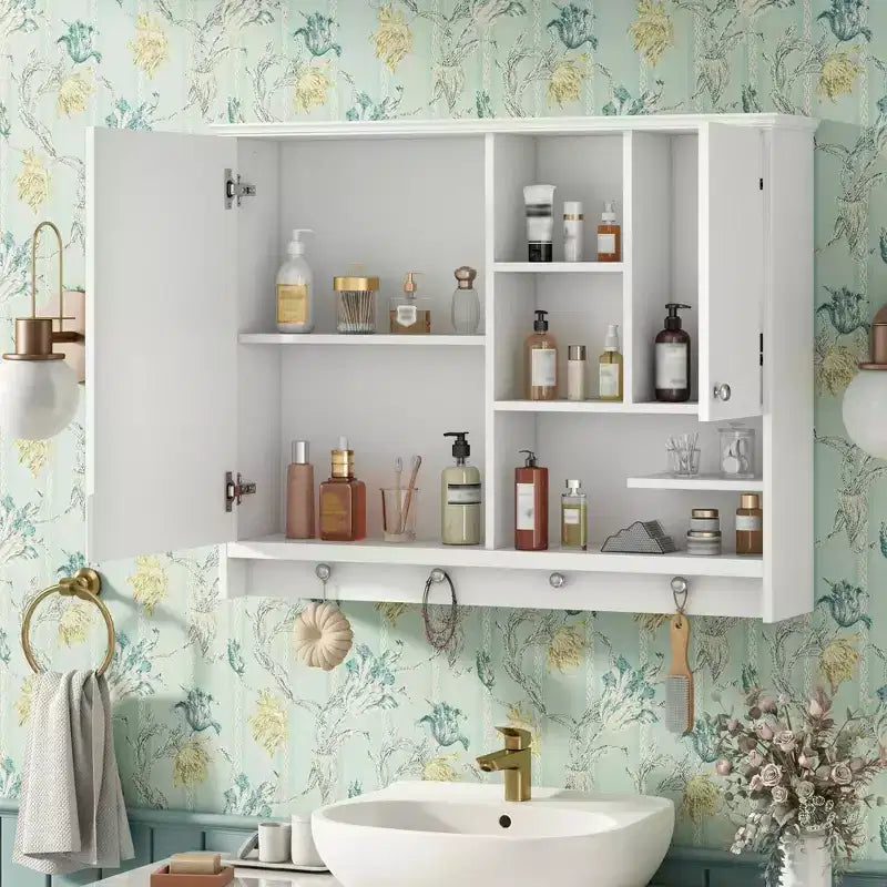 36-Inch Wall Mounted Bathroom Medicine Cabinet with Mirror Door and Adjustable Shelf, White