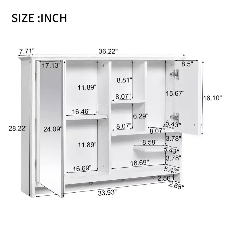 36-Inch Wall Mounted Bathroom Medicine Cabinet with Mirror Door and Adjustable Shelf, White