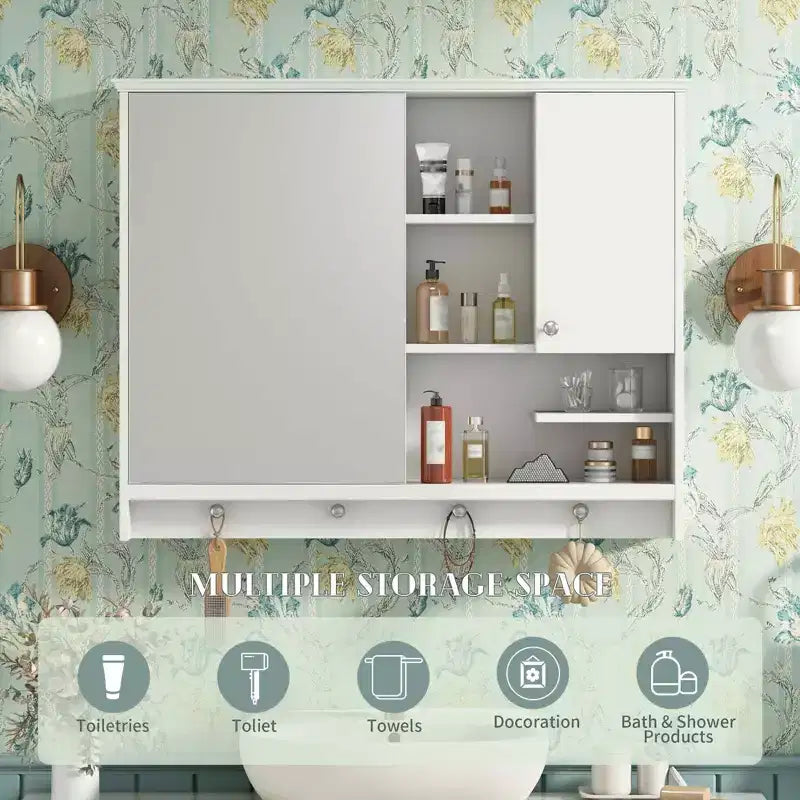 36-Inch Wall Mounted Bathroom Medicine Cabinet with Mirror Door and Adjustable Shelf, White