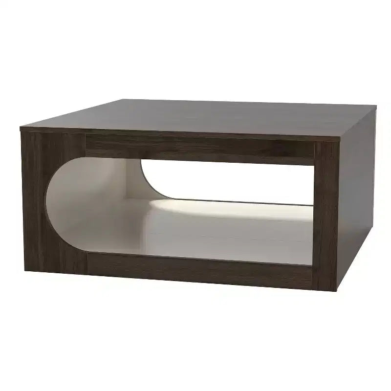 Square Coffee Table with Curved Cut-Out Storage Shelf, Two-Tone Wood Finish, 34.8 Inch