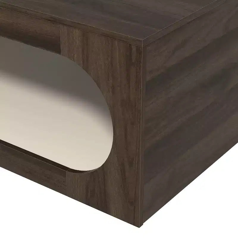 Square Coffee Table with Curved Cut-Out Storage Shelf, Two-Tone Wood Finish, 34.8 Inch