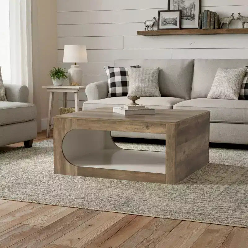 Square Coffee Table with Curved Cut-Out Storage Shelf, Two-Tone Wood Finish, 34.8 Inch