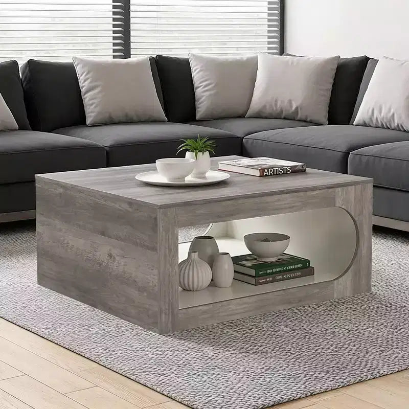 Square Coffee Table with Curved Cut-Out Storage Shelf, Two-Tone Wood Finish, 34.8 Inch