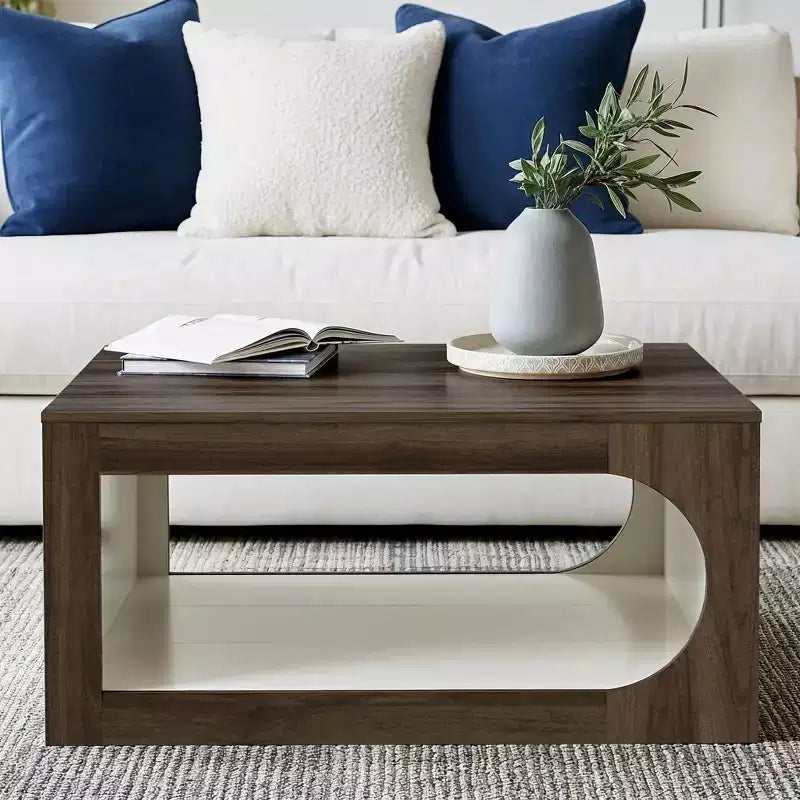 Square Coffee Table with Curved Cut-Out Storage Shelf, Two-Tone Wood Finish, 34.8 Inch