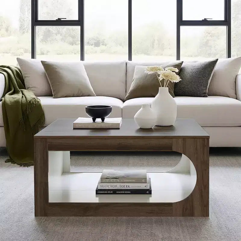 Square Coffee Table with Curved Cut-Out Storage Shelf, Two-Tone Wood Finish, 34.8 Inch