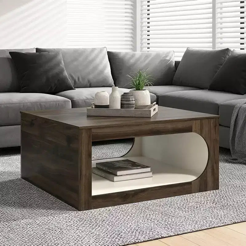 Square Coffee Table with Curved Cut-Out Storage Shelf, Two-Tone Wood Finish, 34.8 Inch