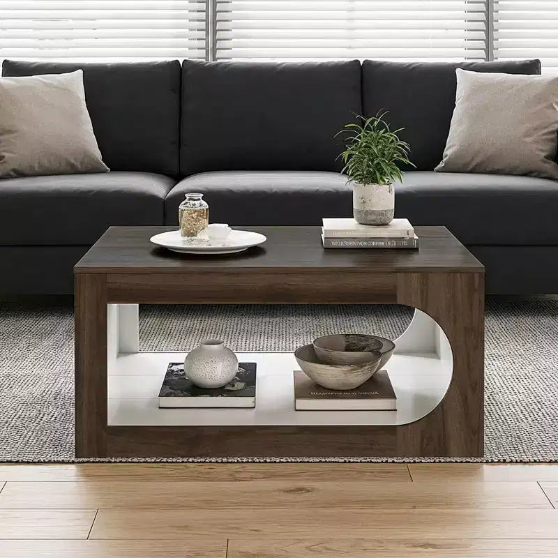 Square Coffee Table with Curved Cut-Out Storage Shelf, Two-Tone Wood Finish, 34.8 Inch