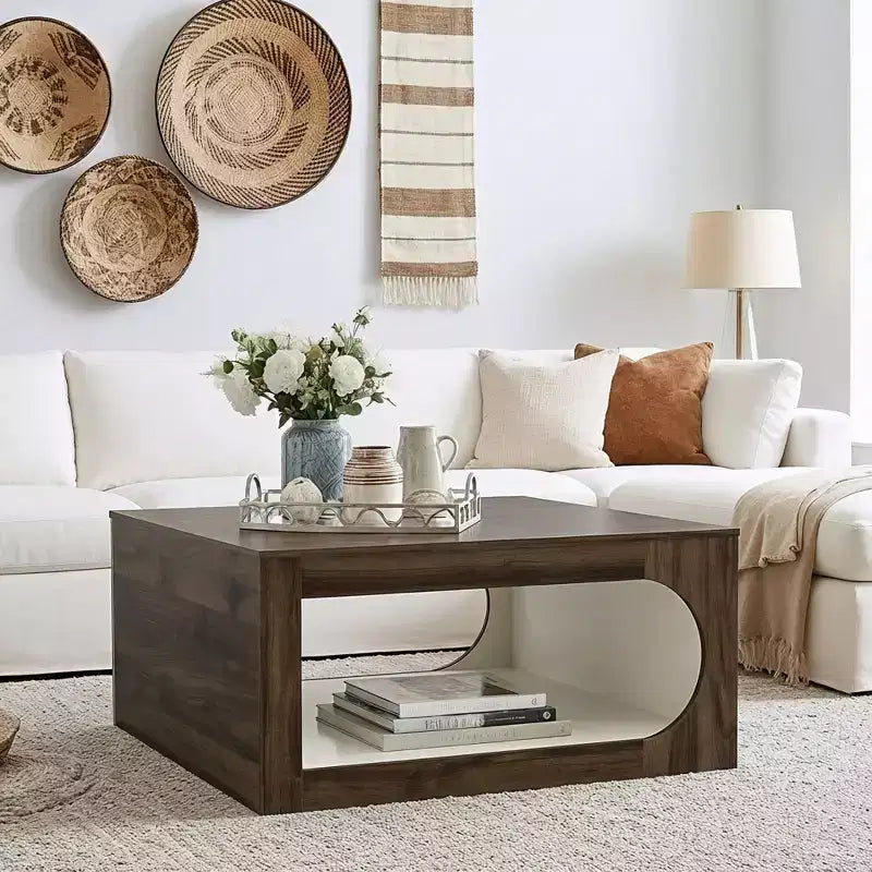 Square Coffee Table with Curved Cut-Out Storage Shelf, Two-Tone Wood Finish, 34.8 Inch