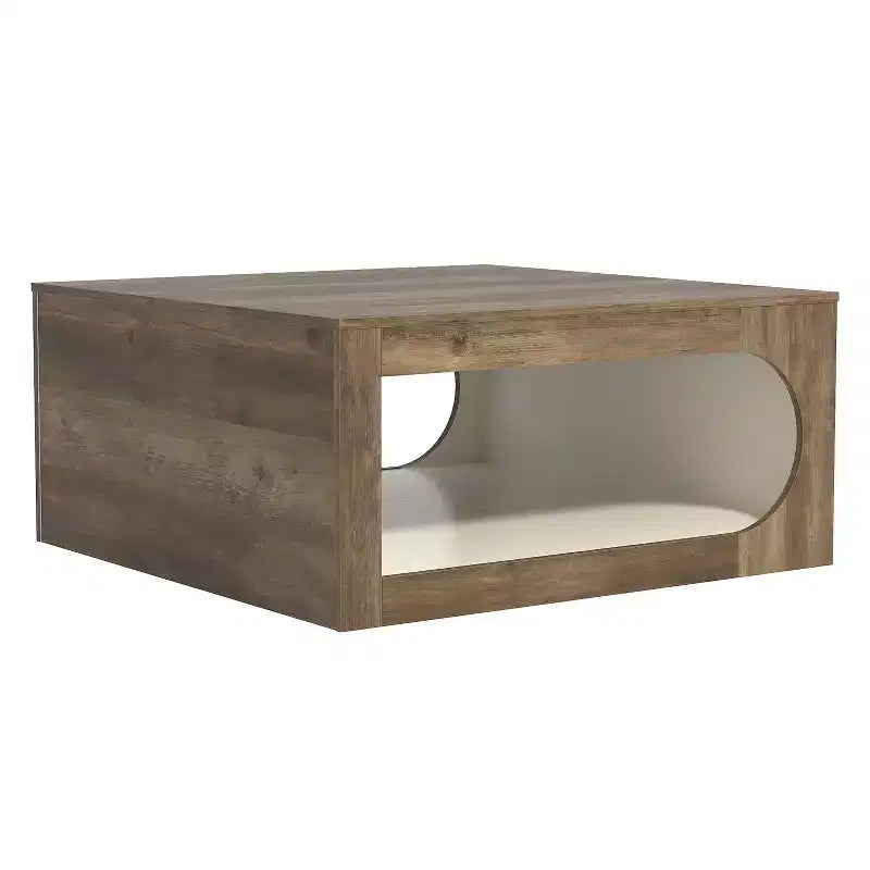 Square Coffee Table with Curved Cut-Out Storage Shelf, Two-Tone Wood Finish, 34.8 Inch