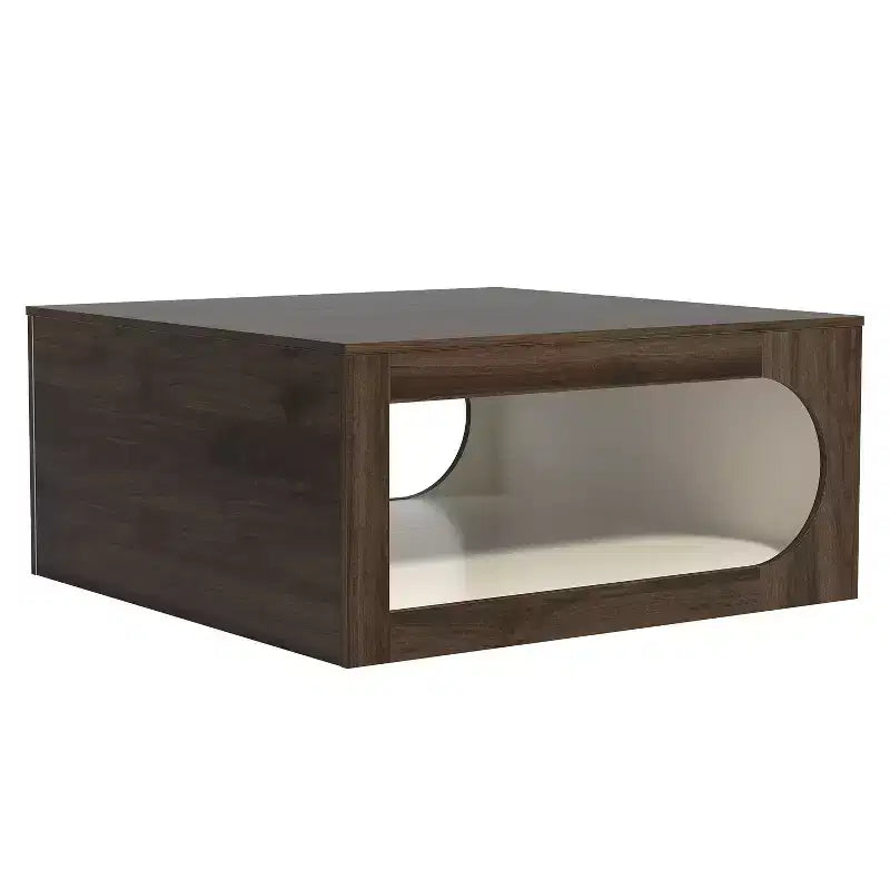 Square Coffee Table with Curved Cut-Out Storage Shelf, Two-Tone Wood Finish, 34.8 Inch