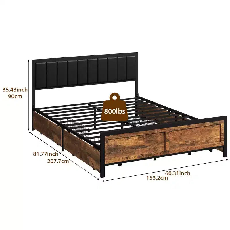 Queen Size Rustic Metal Bed Frame with 4 Storage Drawers and Headboard, No Box Spring Needed